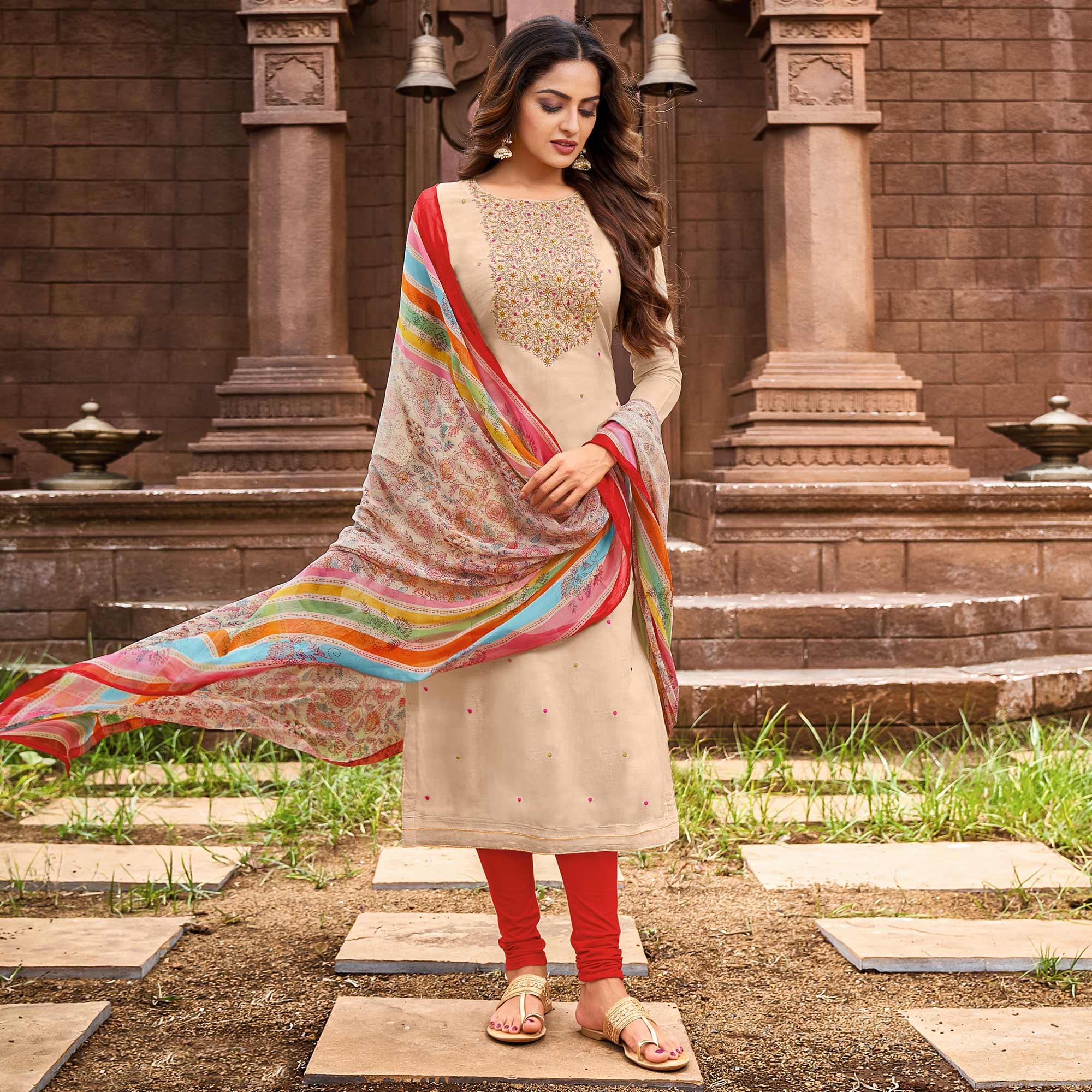 Beige Casual Wear Floral Embroidered Chanderi Dress Material - Peachmode