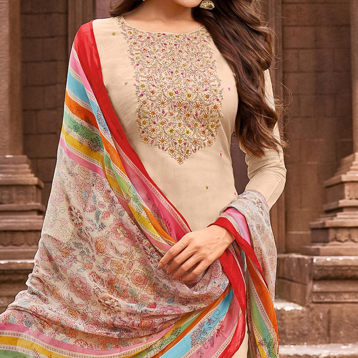 Beige Casual Wear Floral Embroidered Chanderi Dress Material - Peachmode