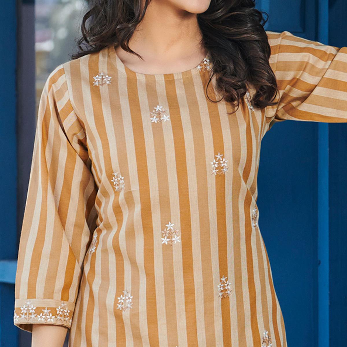 Beige Casual Wear Floral Embroidered Pure Cotton Kurti - Peachmode
