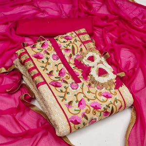 Beige Casual Wear Floral Embroidered Work Cotton Dress Material - Peachmode