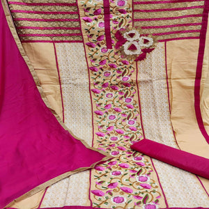 Beige Casual Wear Floral Embroidered Work Cotton Dress Material - Peachmode