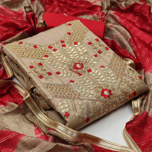 Beige Casual Wear Floral Embroidery With Hand Work Cotton Dress Material - Peachmode