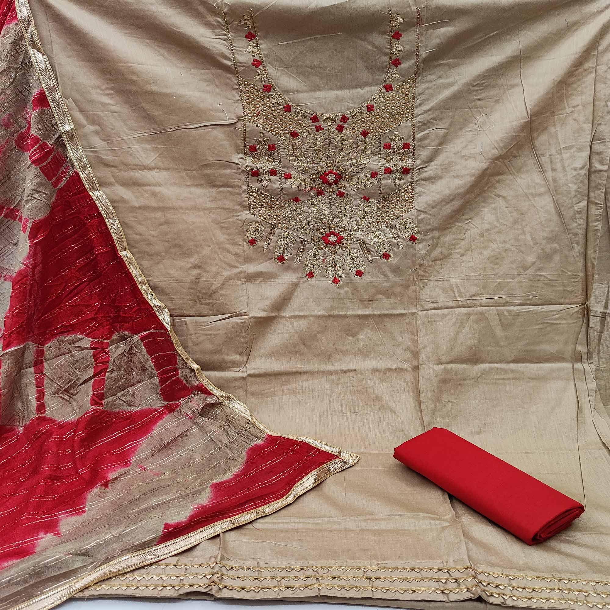 Beige Casual Wear Floral Embroidery With Hand Work Cotton Dress Material - Peachmode