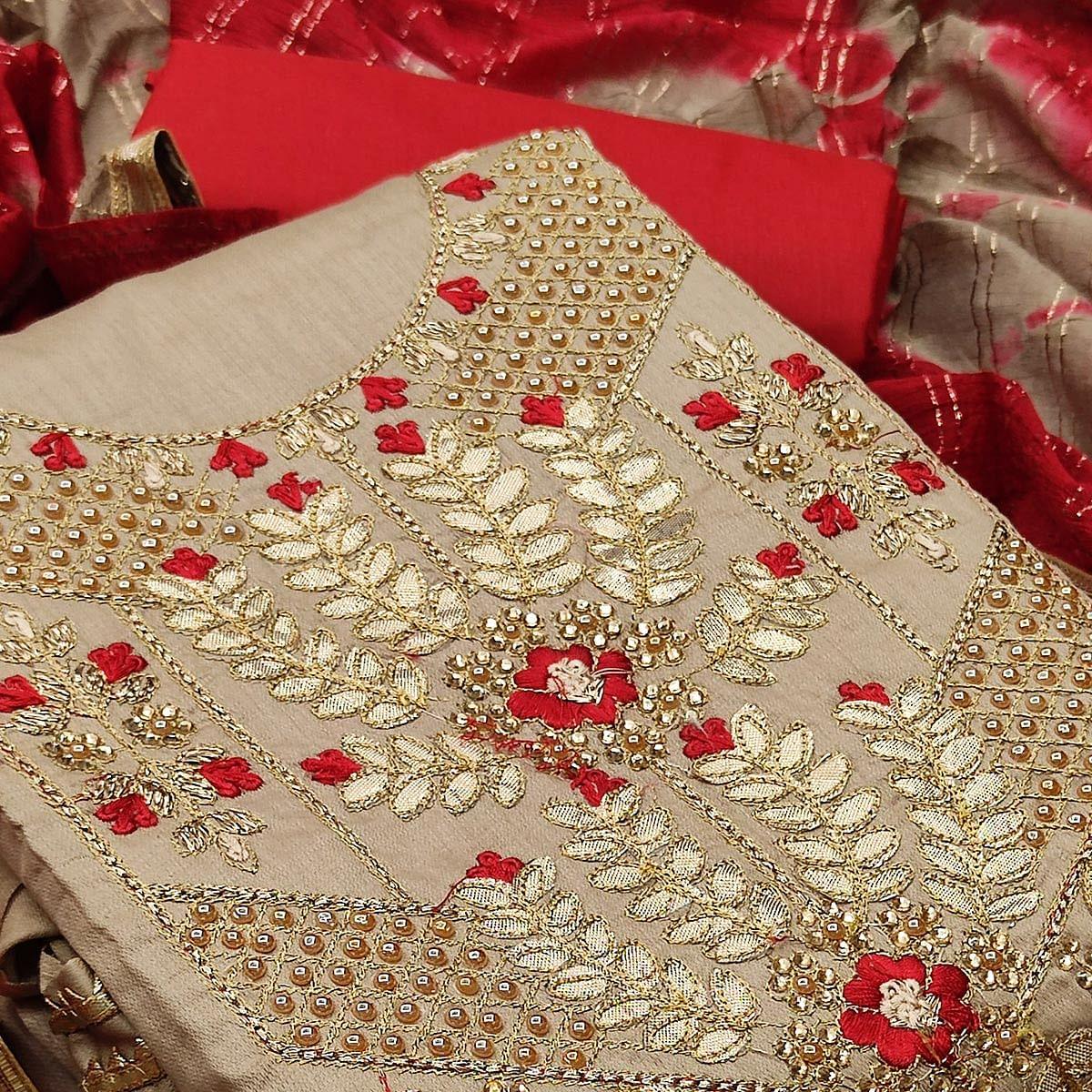 Beige Casual Wear Floral Embroidery With Hand Work Cotton Dress Material - Peachmode