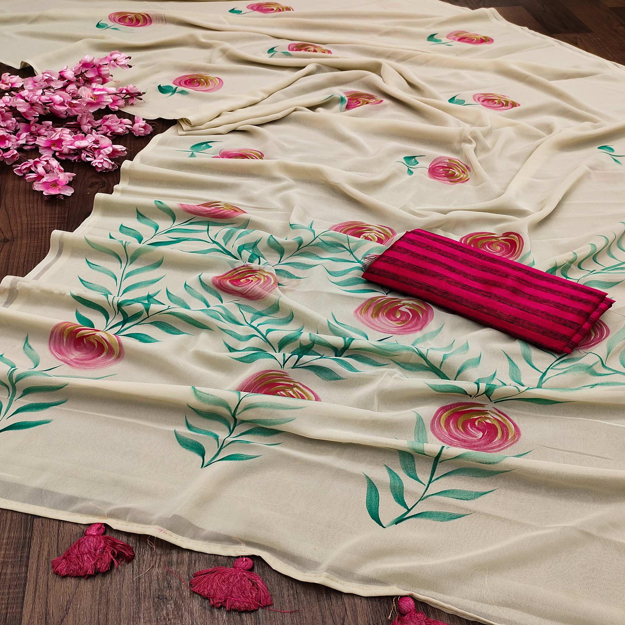 Beige Casual Wear Floral Hand Printed Georgette Saree - Peachmode