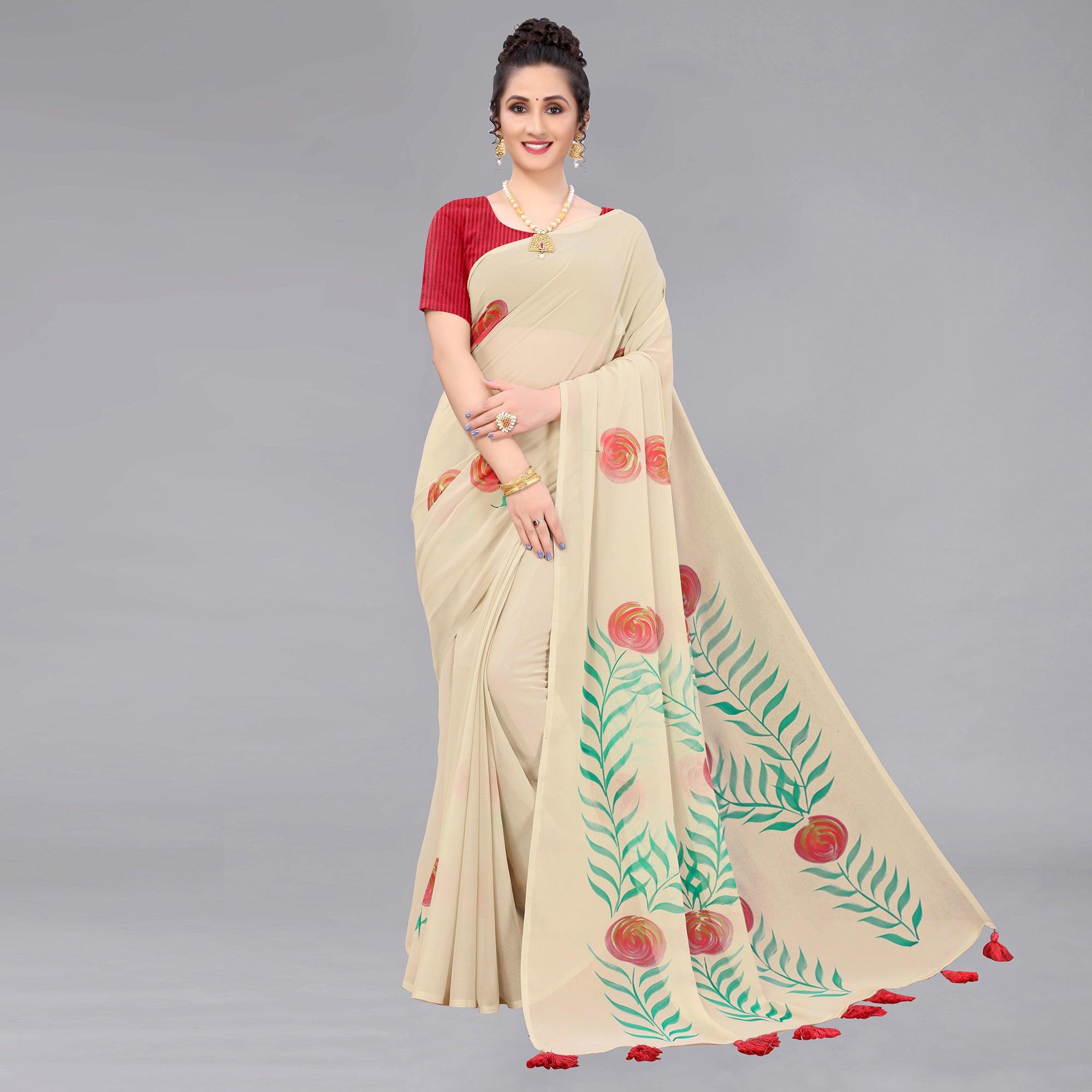 Beige Casual Wear Floral Hand Printed Georgette Saree - Peachmode