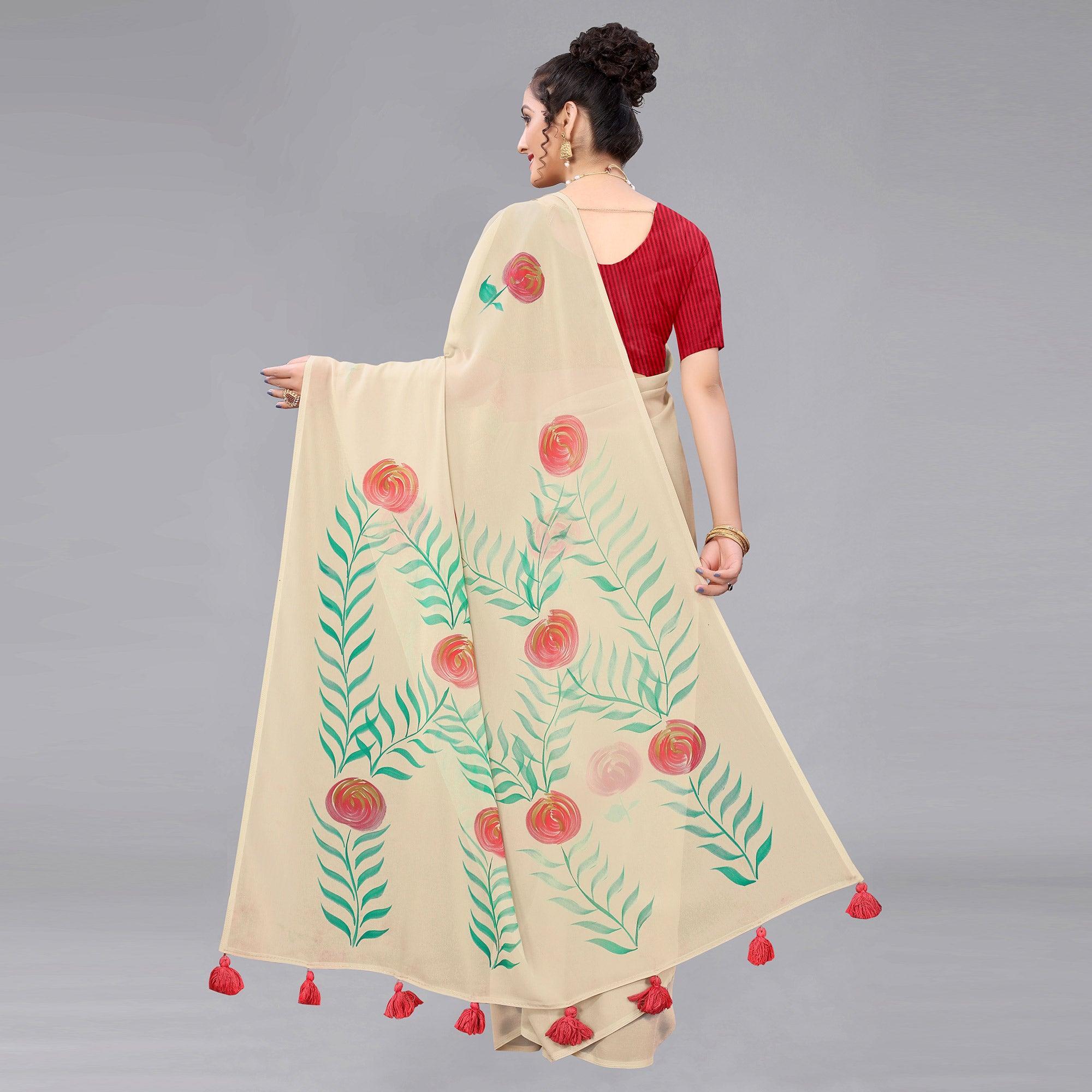 Beige Casual Wear Floral Hand Printed Georgette Saree - Peachmode