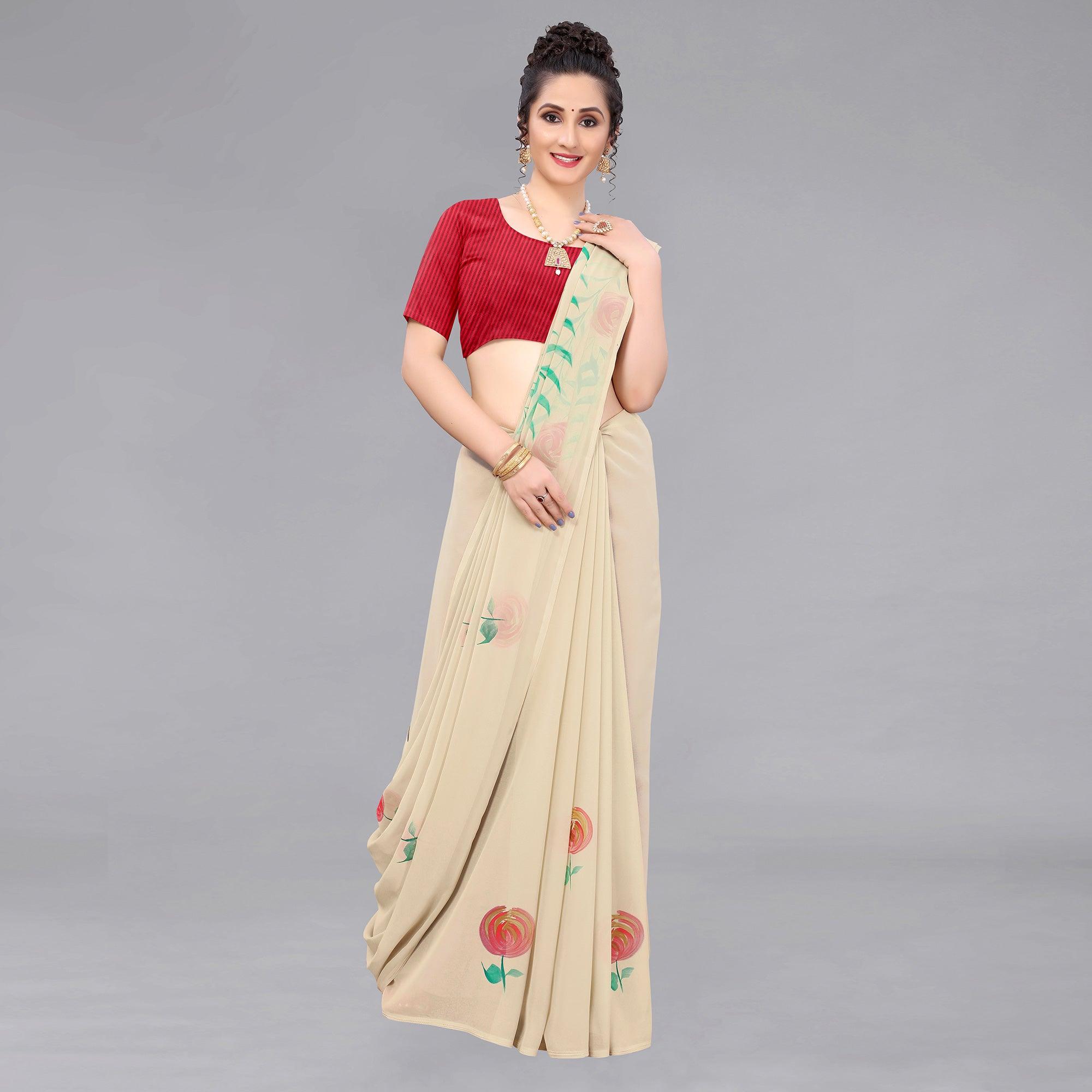Beige Casual Wear Floral Hand Printed Georgette Saree - Peachmode