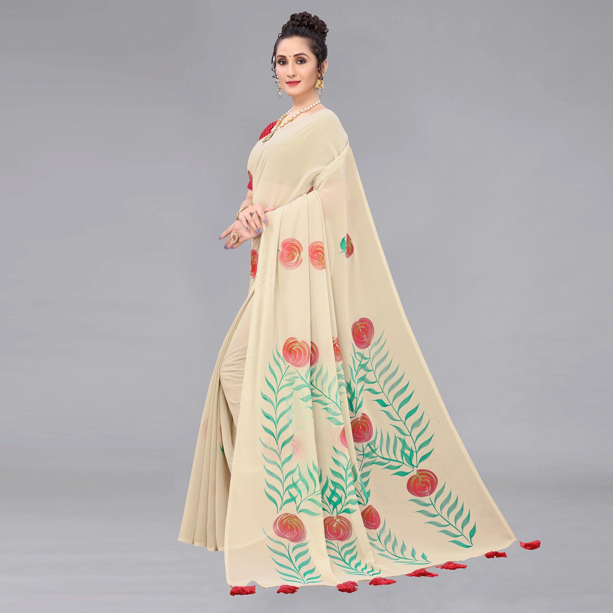Beige Casual Wear Floral Hand Printed Georgette Saree - Peachmode