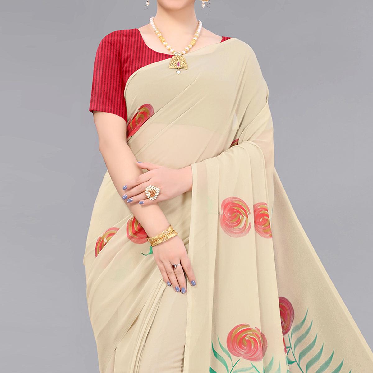 Beige Casual Wear Floral Hand Printed Georgette Saree - Peachmode