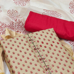 Beige Casual Wear Floral Print With Sequence Embroidered Cotton Dress Material - Peachmode