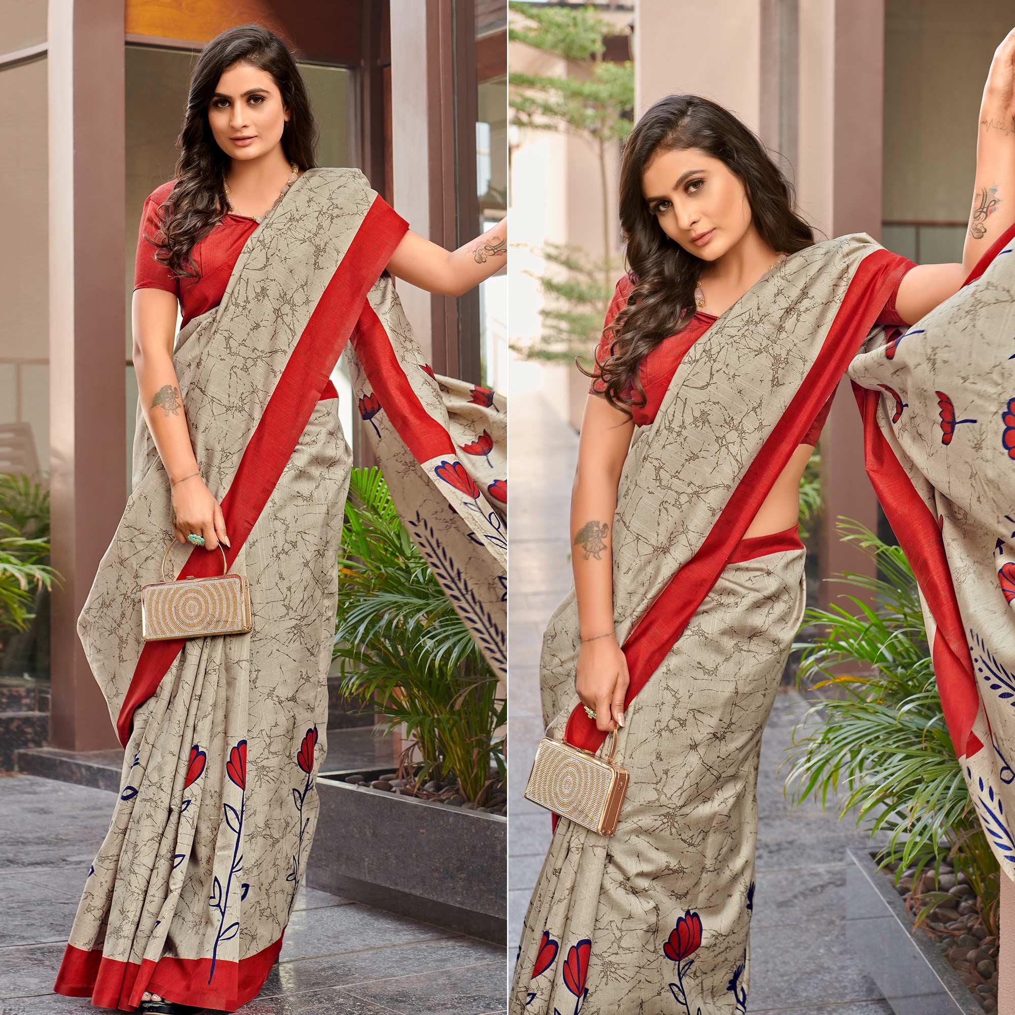 Beige Casual Wear Floral Printed Bhagalpuri Sarees - Peachmode