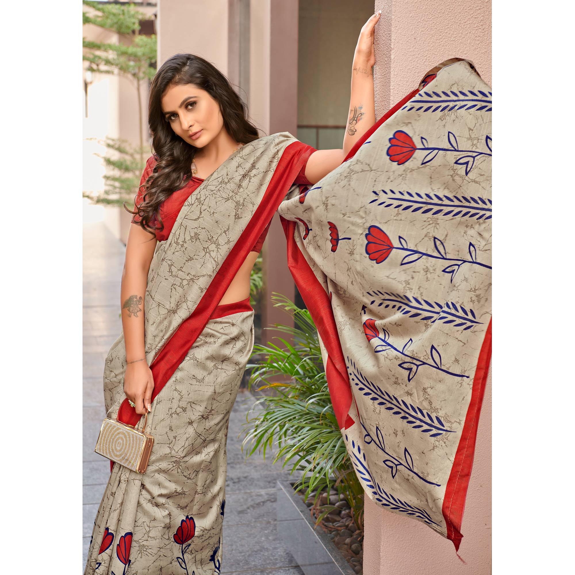 Beige Casual Wear Floral Printed Bhagalpuri Sarees - Peachmode