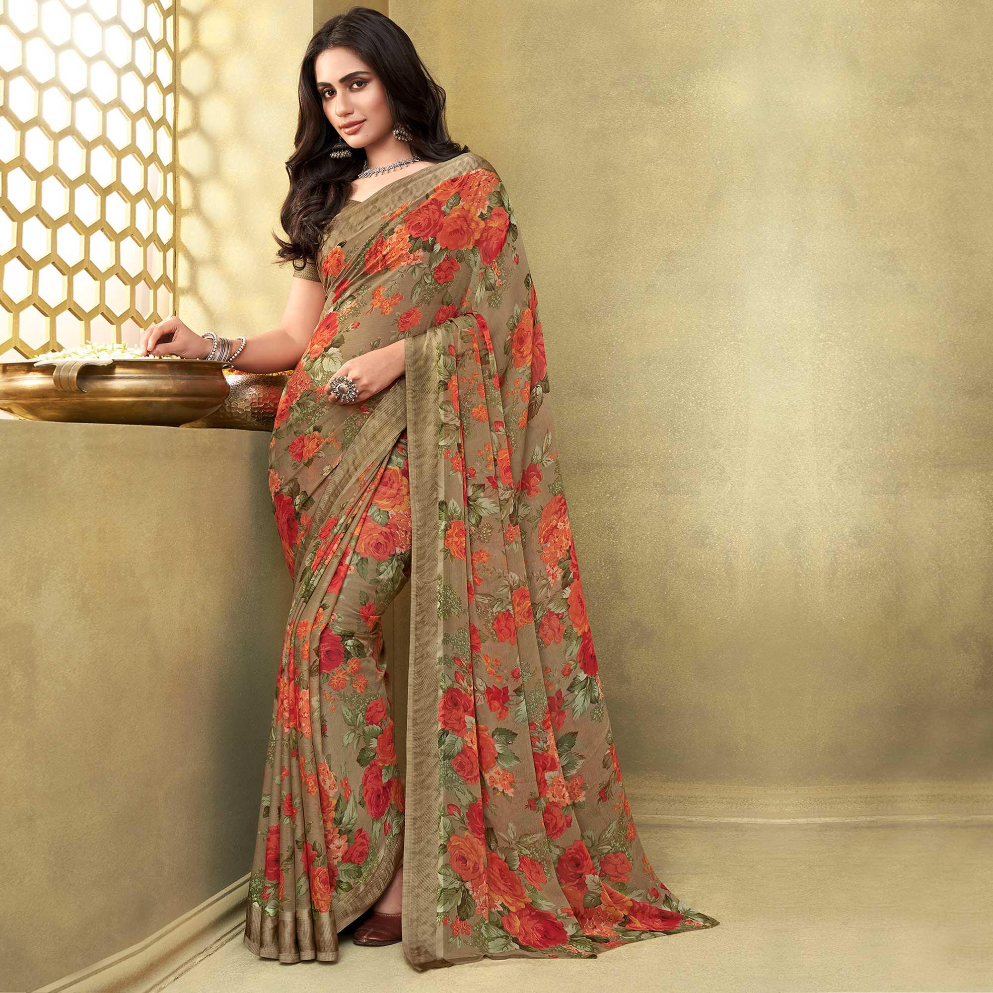 Beige Casual Wear Floral Printed Chiffon Saree - Peachmode