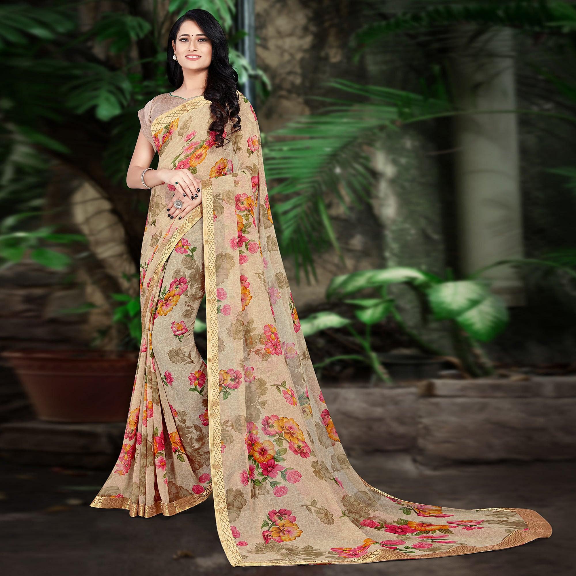 Beige Casual Wear Floral Printed Chiffon Saree - Peachmode