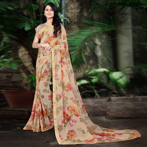 Beige Casual Wear Floral Printed Chiffon Saree - Peachmode