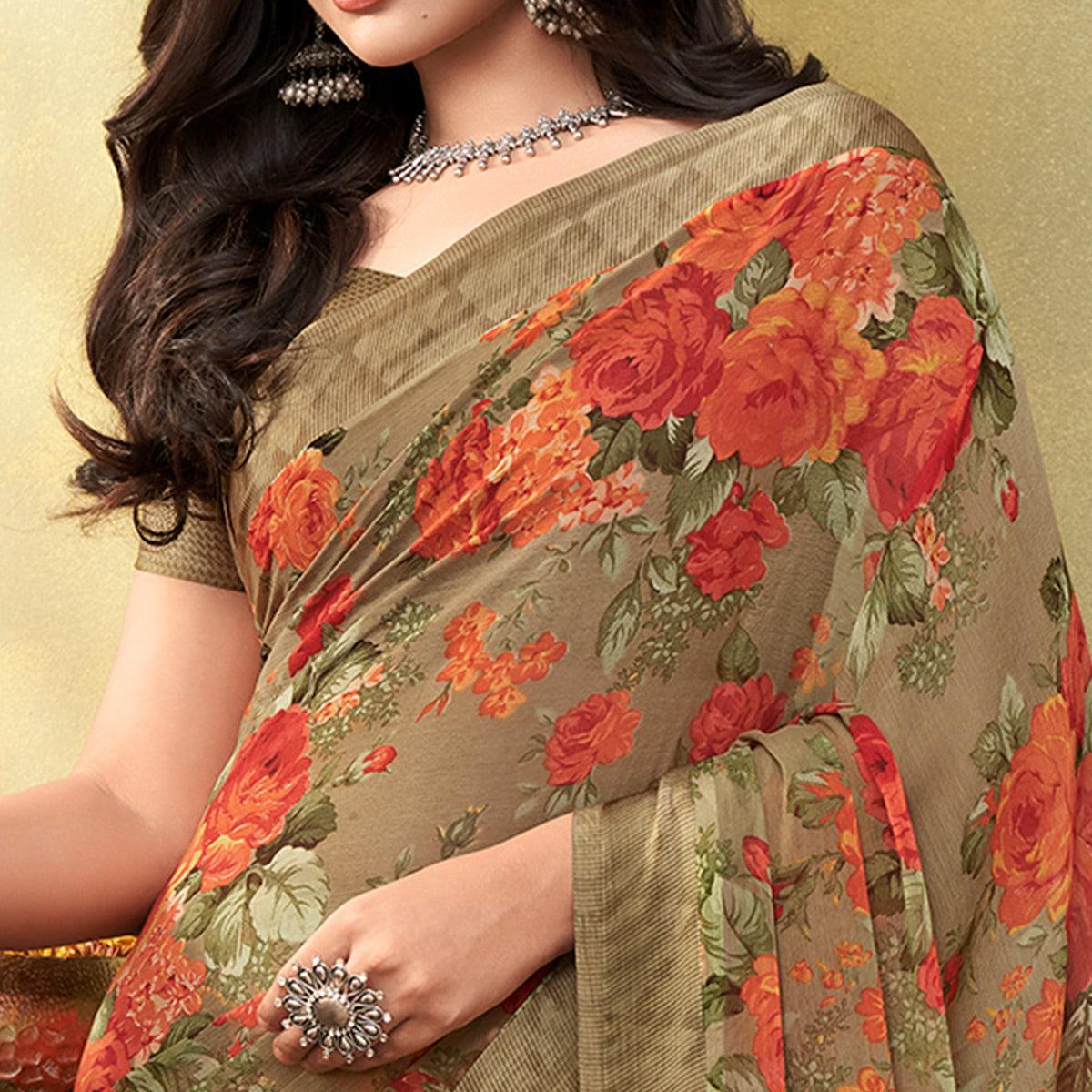 Beige Casual Wear Floral Printed Chiffon Saree - Peachmode