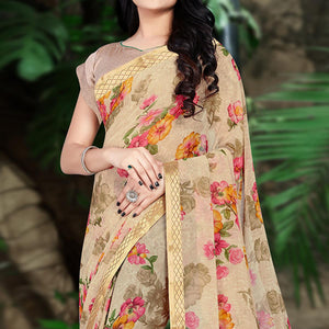 Beige Casual Wear Floral Printed Chiffon Saree - Peachmode