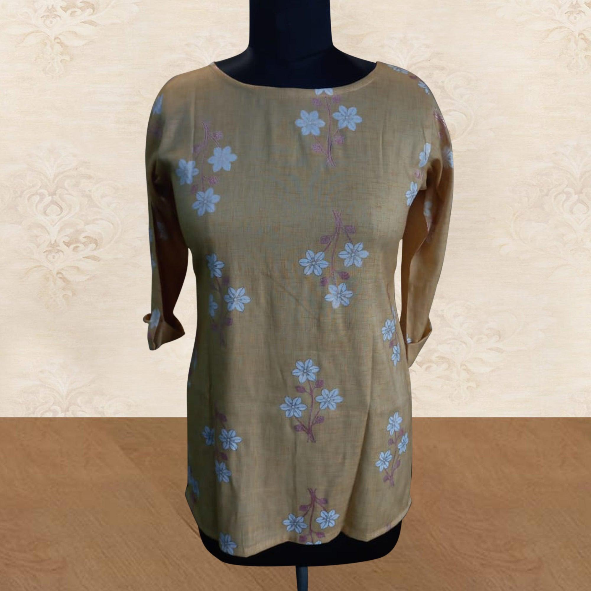 Beige Casual Wear Floral Printed Cotton Top - Peachmode