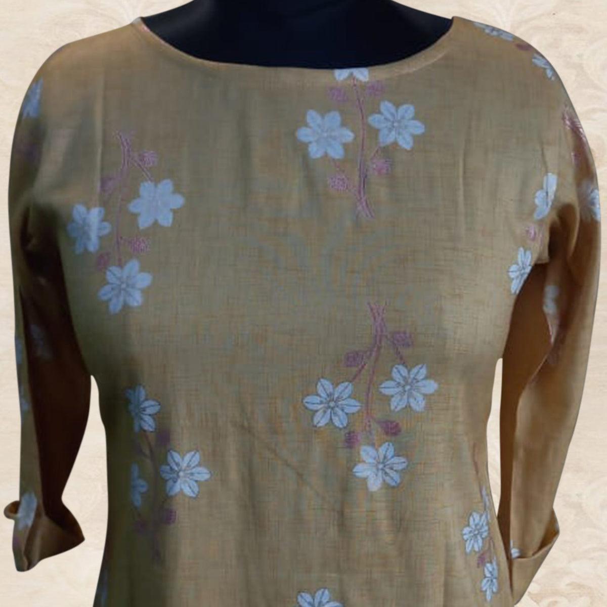 Beige Casual Wear Floral Printed Cotton Top - Peachmode