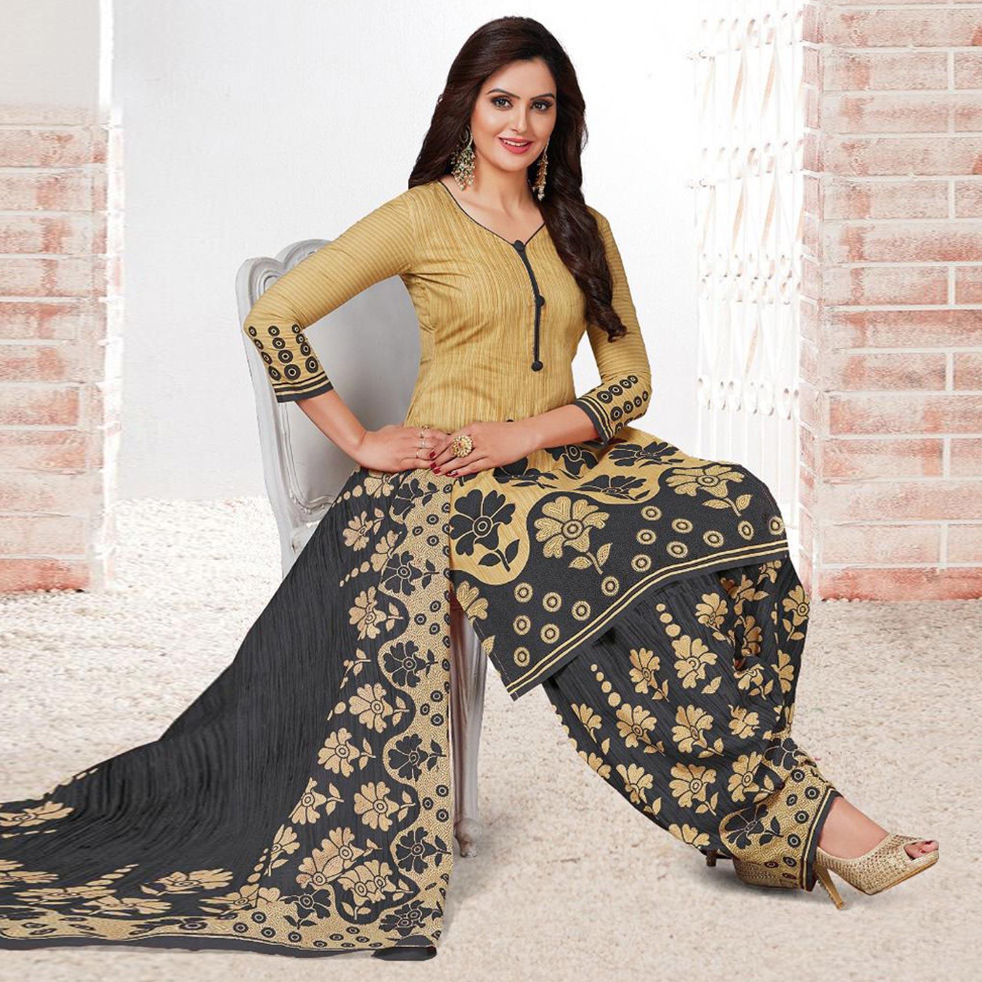 Beige Casual Wear Floral Printed Crepe Patiala Dress Material - Peachmode