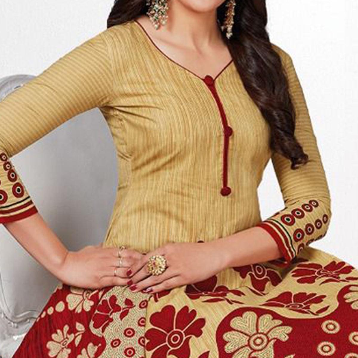 Beige Casual Wear Floral Printed Crepe Patiala Dress Material - Peachmode