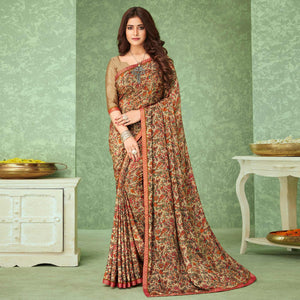 Beige Casual Wear Floral Printed Crepe Saree With Banarasi Border - Peachmode