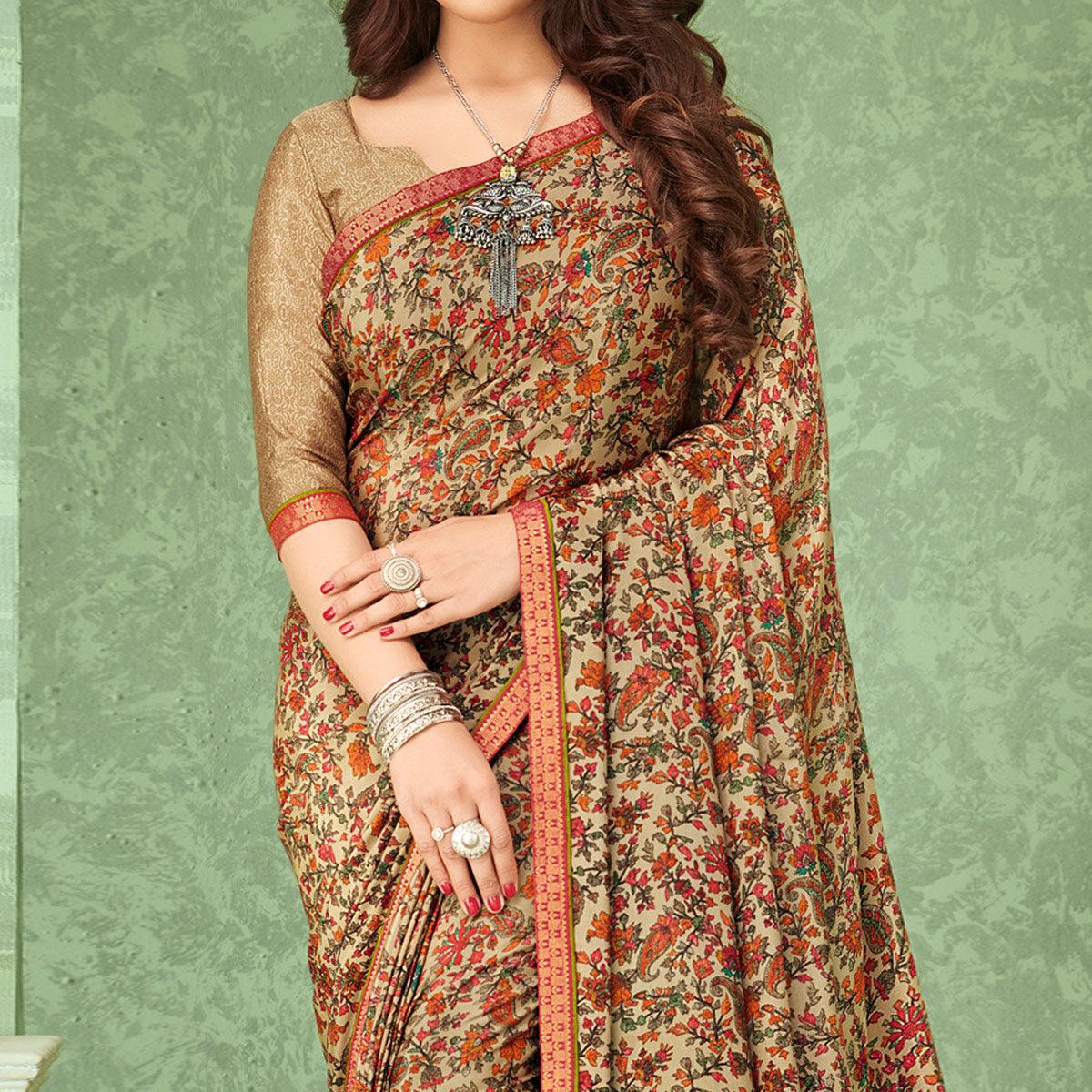 Beige Casual Wear Floral Printed Crepe Saree With Banarasi Border - Peachmode