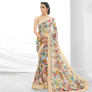 Beige Casual Wear Floral Printed Georgette Saree - Peachmode