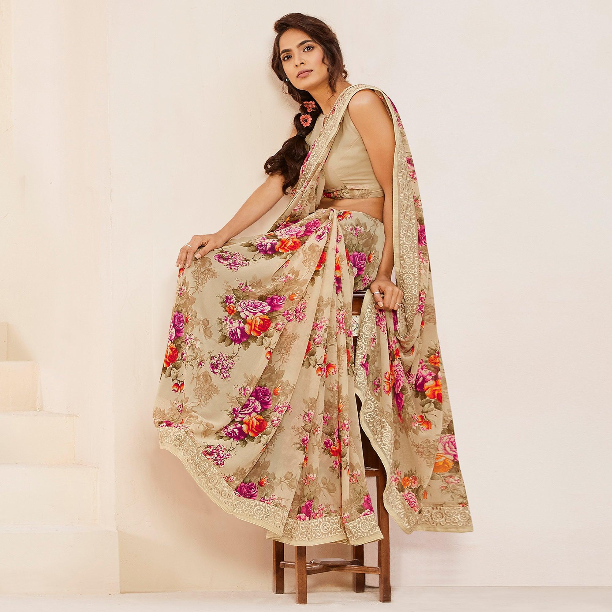 Beige Casual Wear Floral Printed Georgette Saree - Peachmode