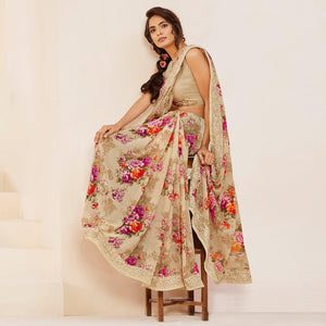 Beige Casual Wear Floral Printed Georgette Saree - Peachmode