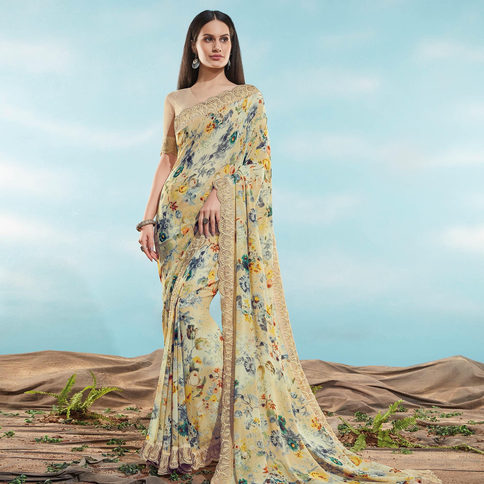 Beige Casual Wear Floral Printed Georgette Saree - Peachmode