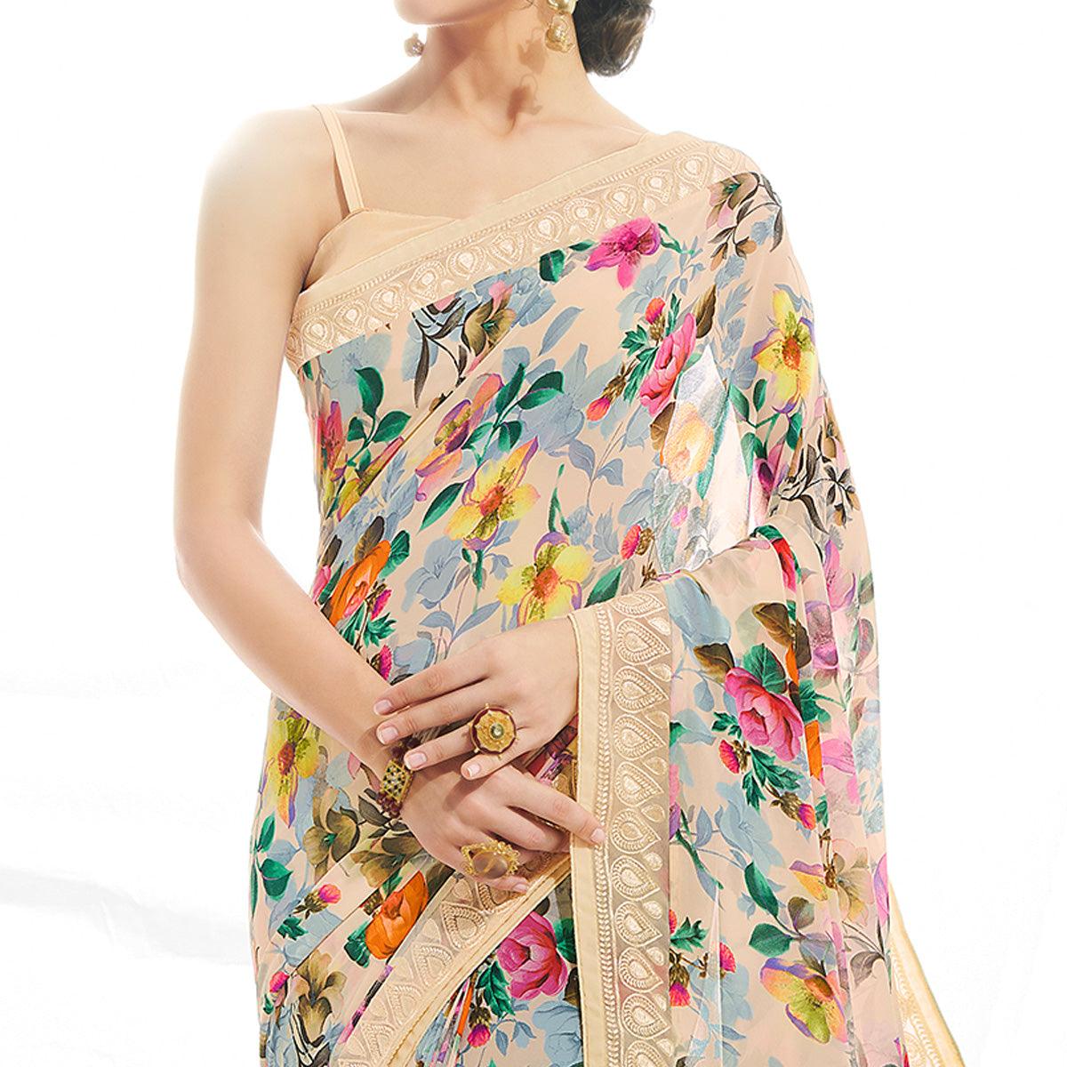 Beige Casual Wear Floral Printed Georgette Saree - Peachmode