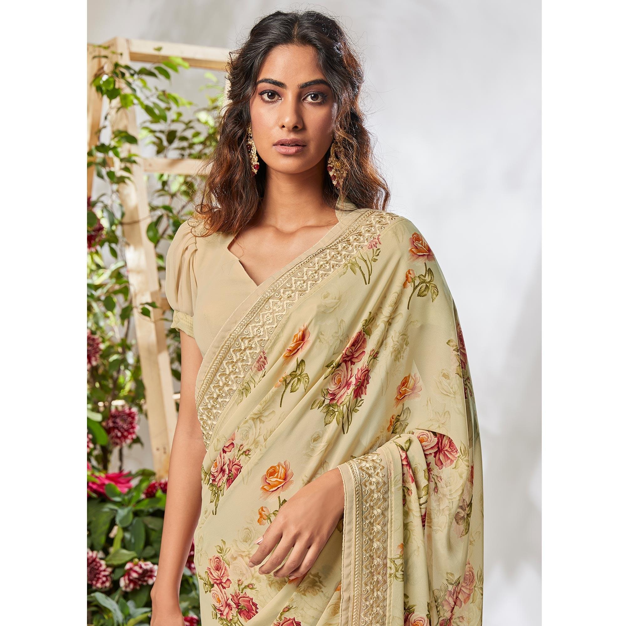 Beige Casual Wear Floral Printed Georgette Saree - Peachmode