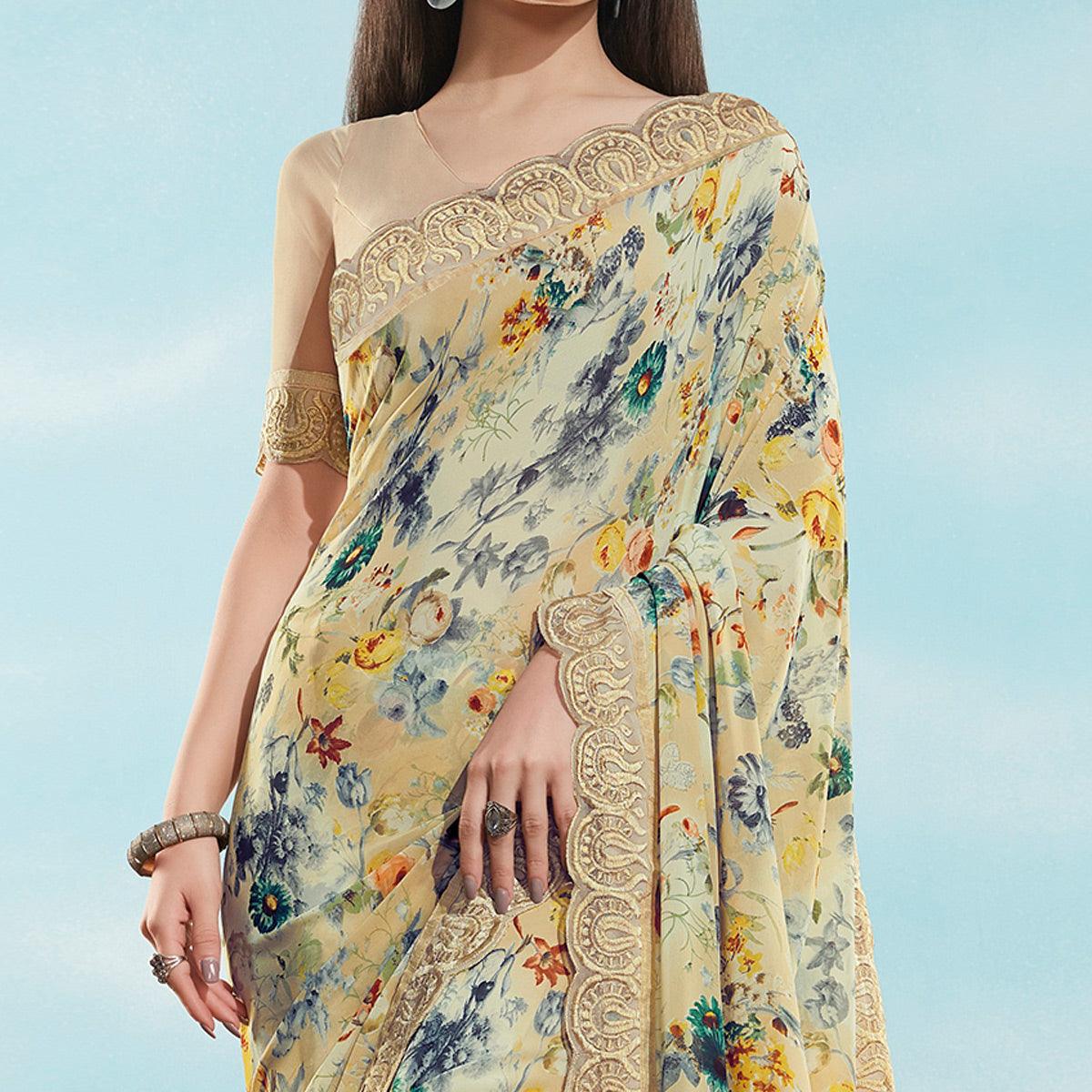 Beige Casual Wear Floral Printed Georgette Saree - Peachmode