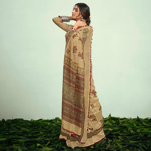 Beige Casual Wear Floral Printed Mul Mul Cotton Saree - Peachmode