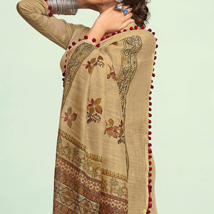 Beige Casual Wear Floral Printed Mul Mul Cotton Saree - Peachmode
