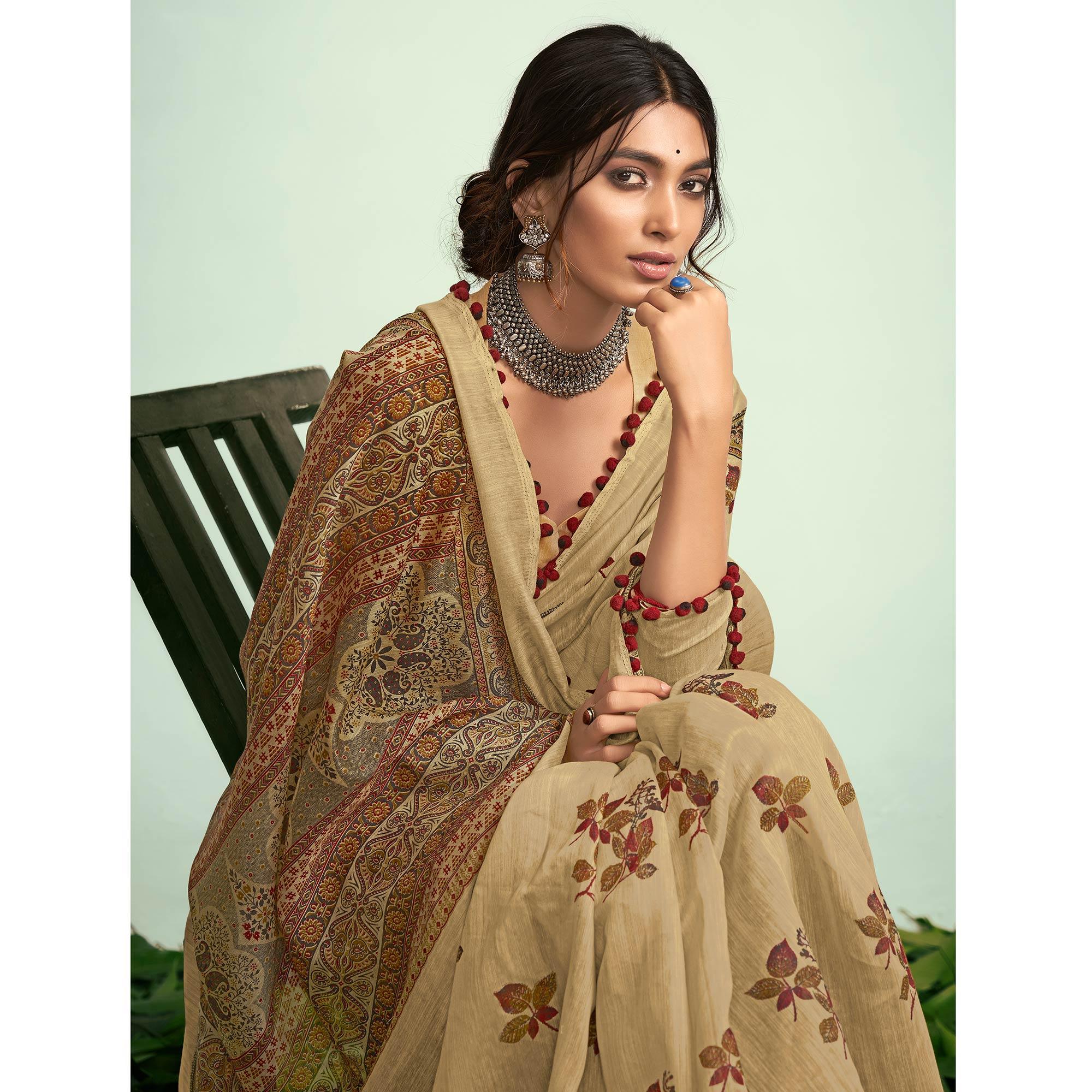 Beige Casual Wear Floral Printed Mul Mul Cotton Saree - Peachmode