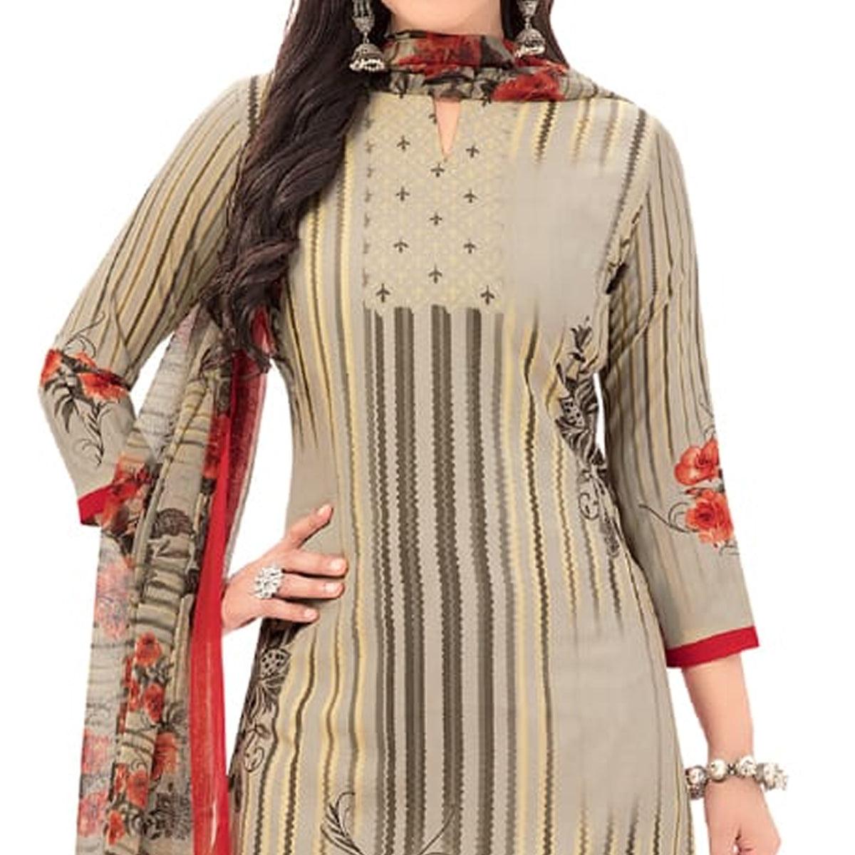 Beige Casual Wear Floral Printed Poly Crepe Dress Material - Peachmode