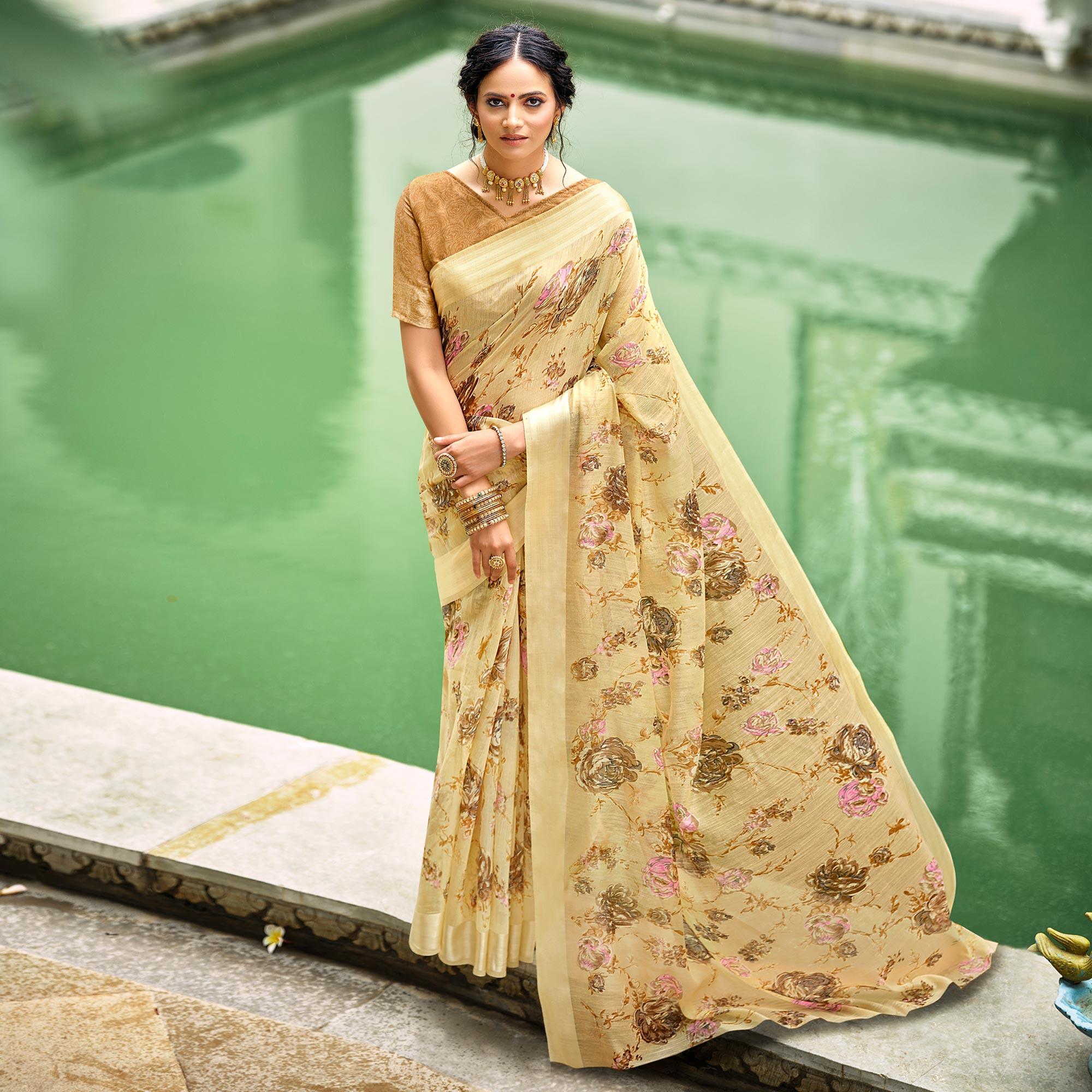 Beige Casual Wear Floral Printed Satin Saree - Peachmode