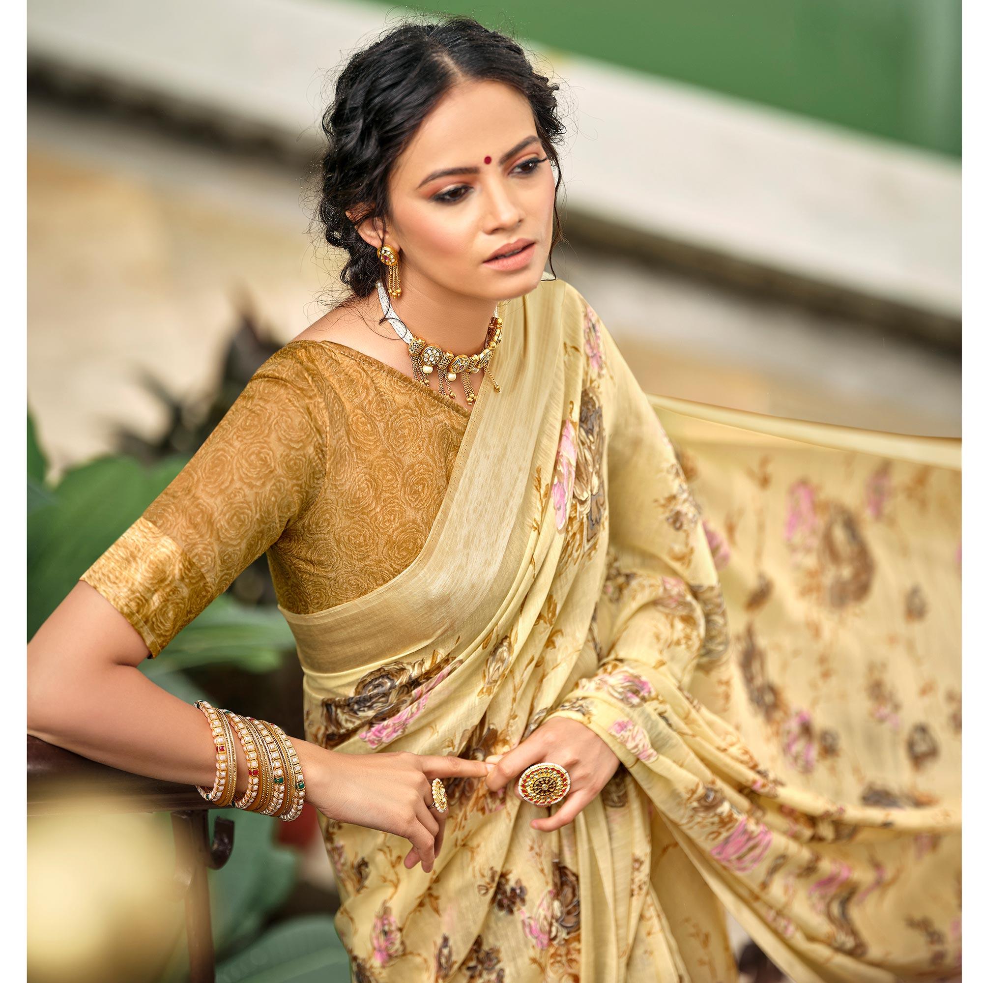 Beige Casual Wear Floral Printed Satin Saree - Peachmode