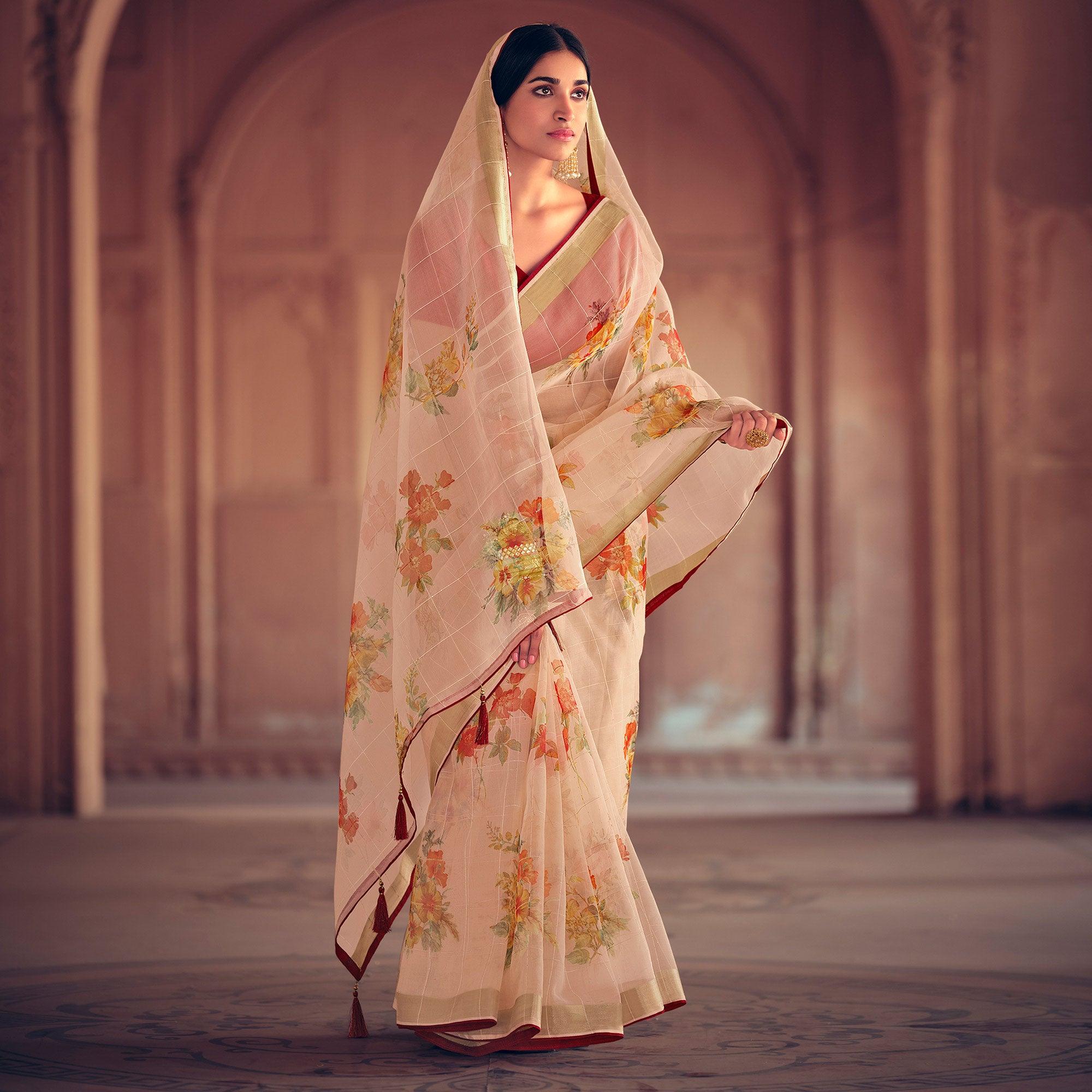 Beige Casual Wear Floral Printed With Weaving Sequence Organza Saree - Peachmode
