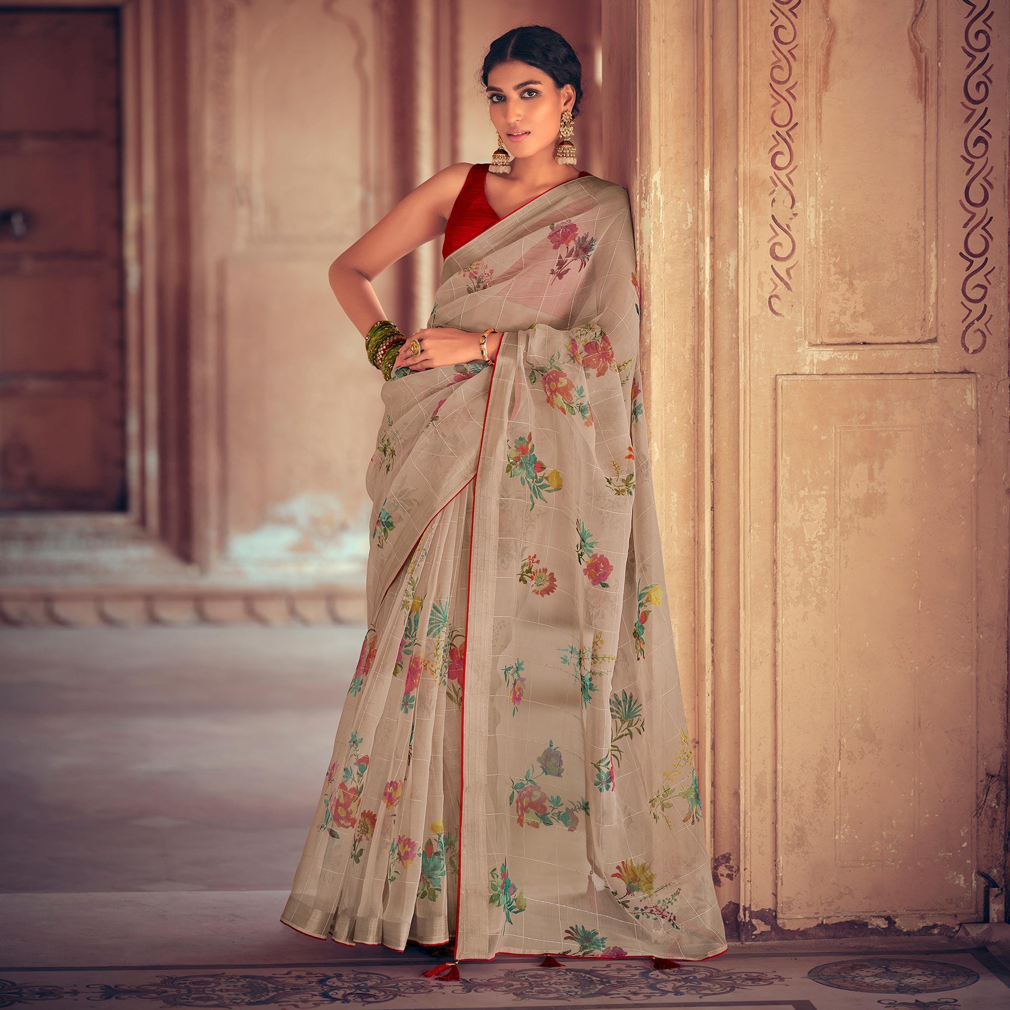 Beige Casual Wear Floral Printed With Weaving Sequence Organza Saree - Peachmode
