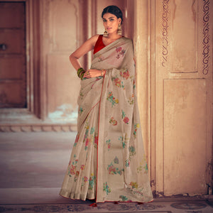 Beige Casual Wear Floral Printed With Weaving Sequence Organza Saree - Peachmode