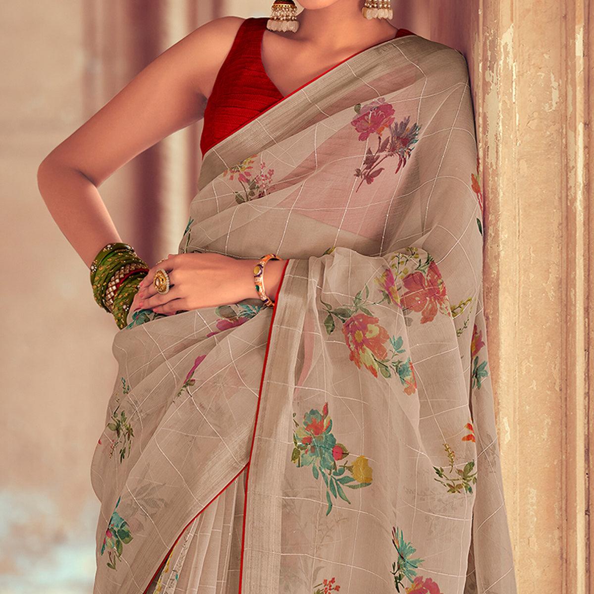 Beige Casual Wear Floral Printed With Weaving Sequence Organza Saree - Peachmode