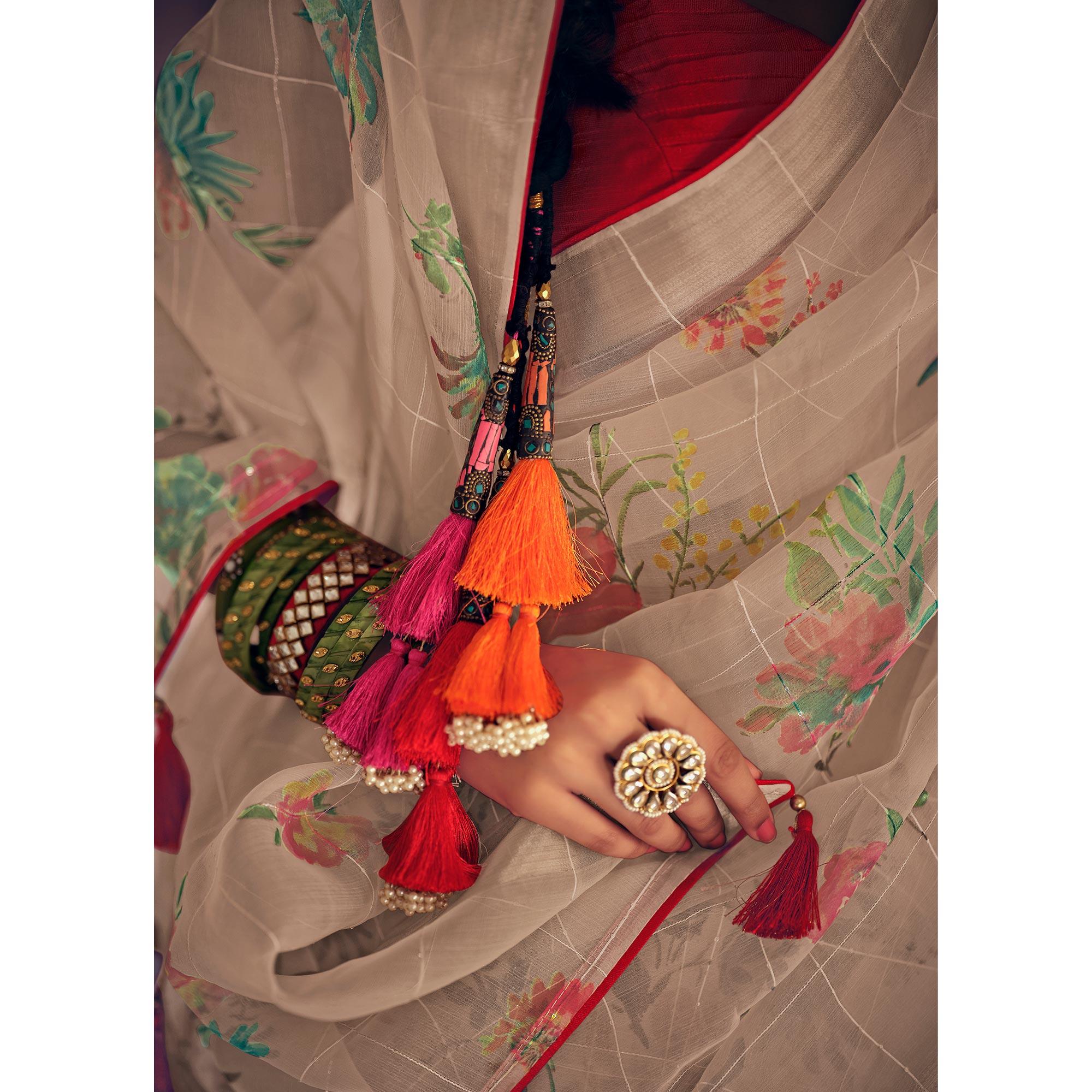 Beige Casual Wear Floral Printed With Weaving Sequence Organza Saree - Peachmode