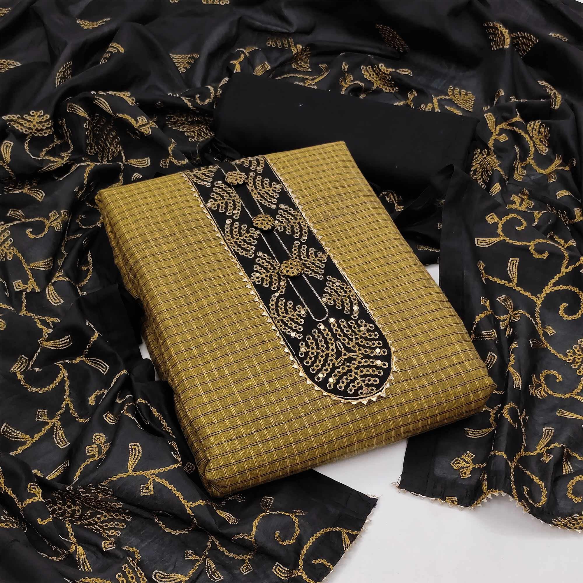 Beige Casual Wear Lace Work Cotton Dress Material - Peachmode