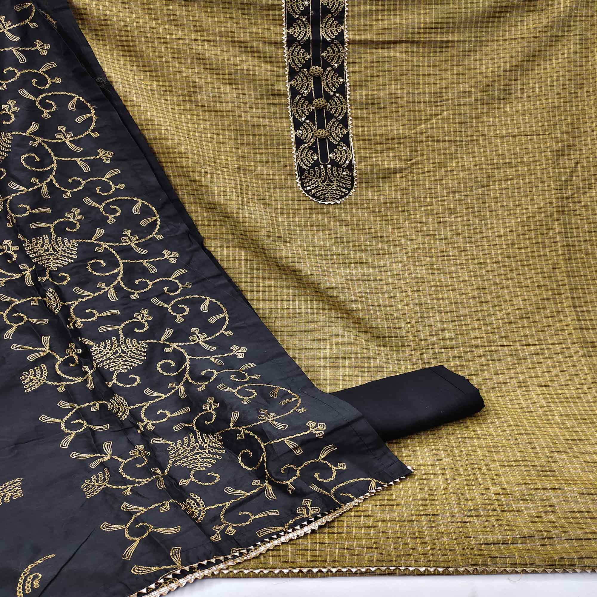 Beige Casual Wear Lace Work Cotton Dress Material - Peachmode