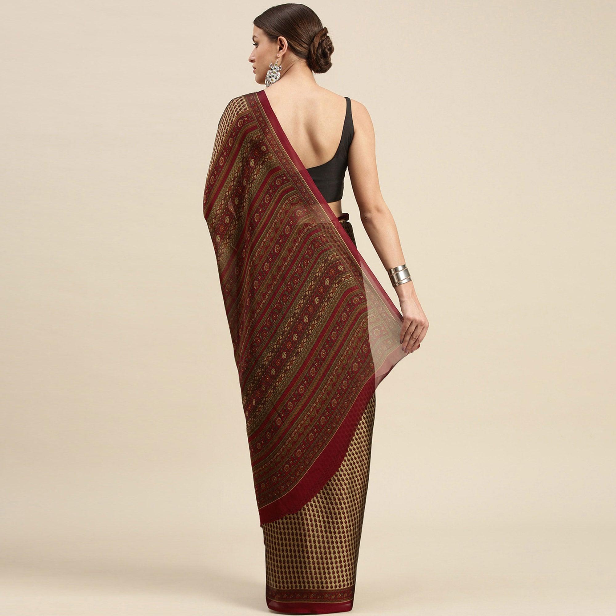 Beige Casual Wear Printed Art Silk Saree - Peachmode
