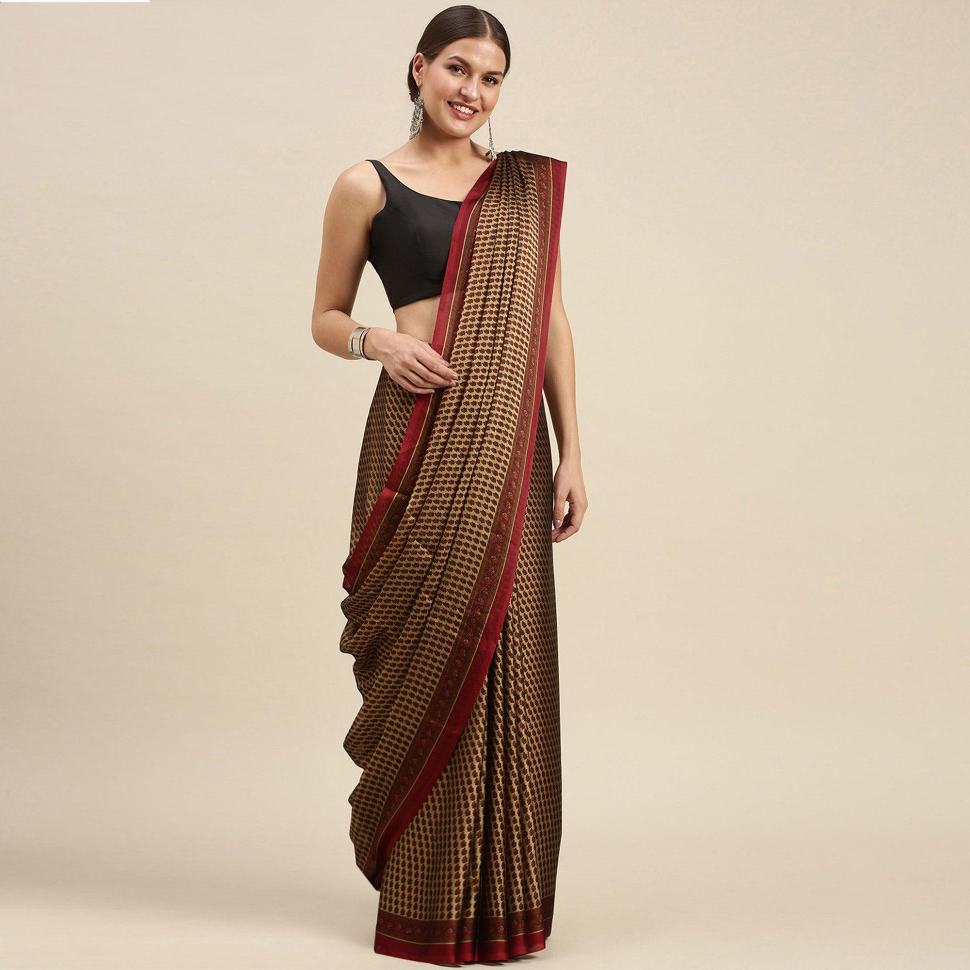 Beige Casual Wear Printed Art Silk Saree - Peachmode